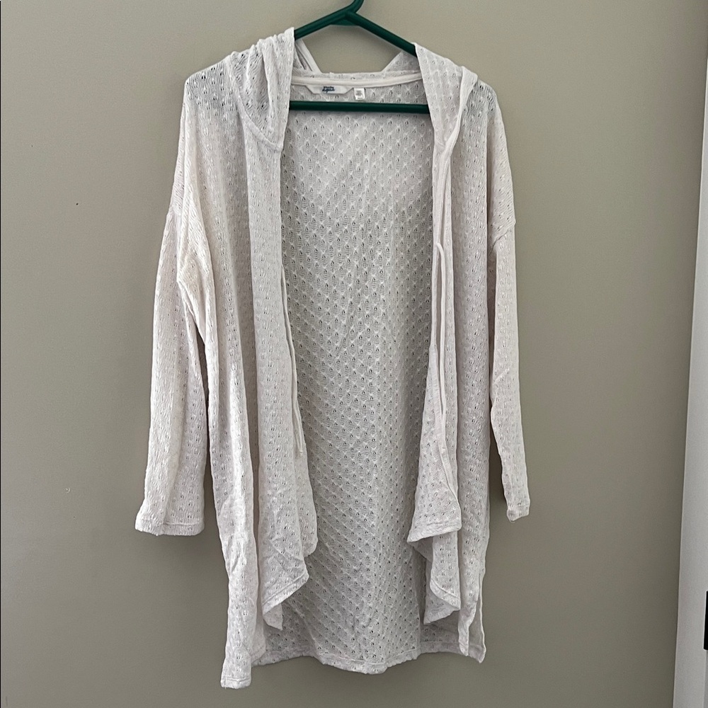La Vie en Rose Aqua White Open Knit Hooded Cardigan Cover Up M/M
